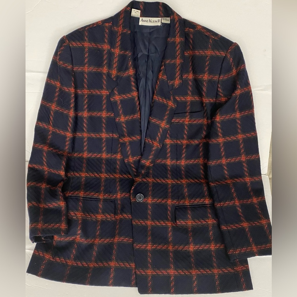 Anne Klein II Wool Cashmere Women's Navy and Red Plaid Blazer - Picture 2 of 10